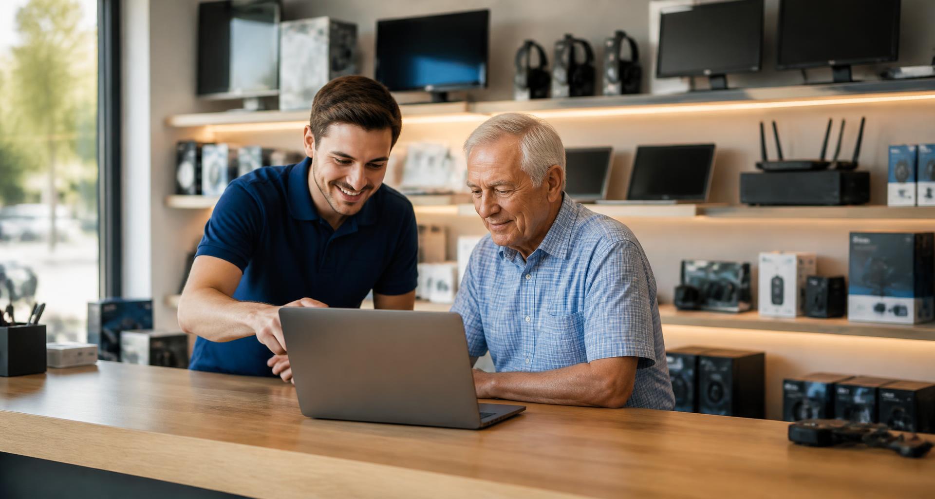 Friendly technician helping a customer with a laptop in a local computer shop